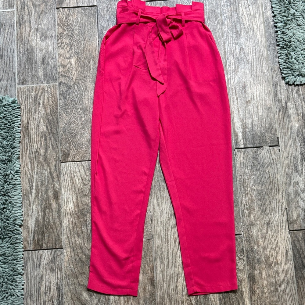 Pink Paper bag Style Pants with Polkadot detail on Back Pockets